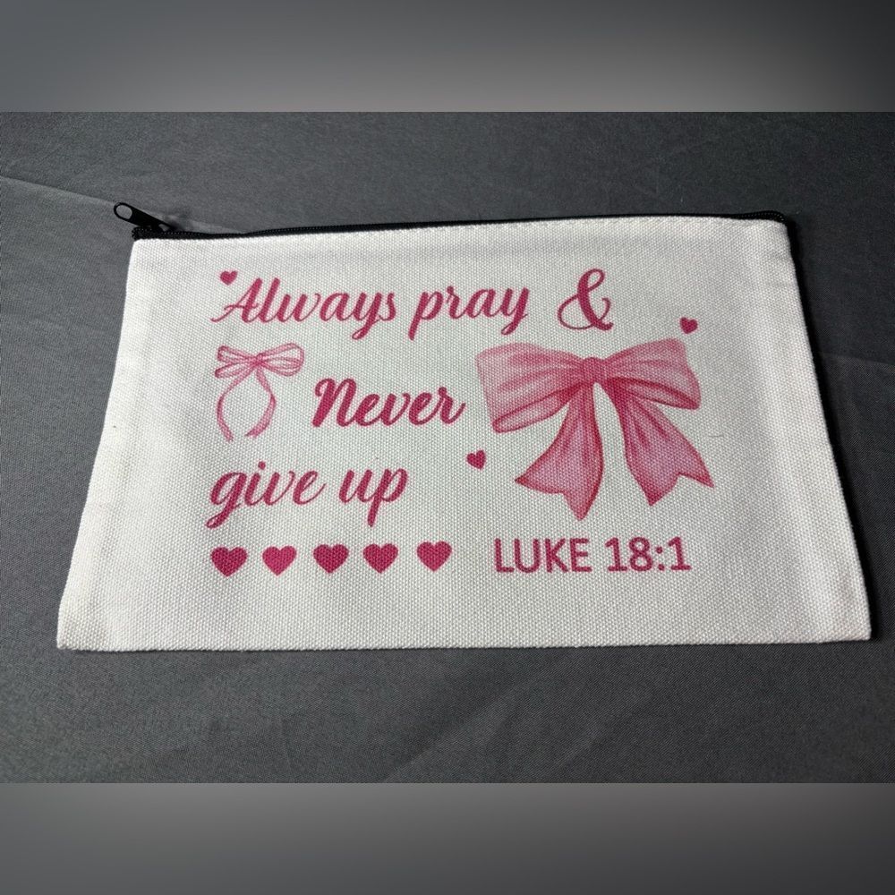 New White Canvas Zipper Pouch with Pink Script & Bow